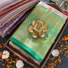 Beige Silk with Green Border Saree-Kanchi Silk Saree-VS026