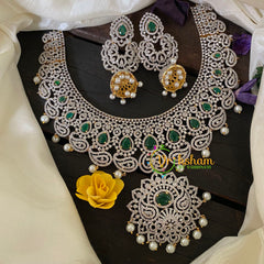 Bridal American Diamond Short Neckpiece-Green-G6905
