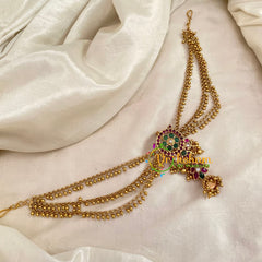 Premium Bun Billai with Side Chains -Red Green Jhumka-Ghungroo-G9234