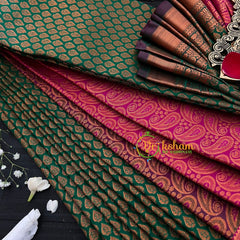 Green with Pink Red Border Soft Silk Saree-VS27