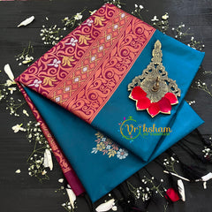 Turquoise with Maroon Pallu Soft Silk Saree-VS31
