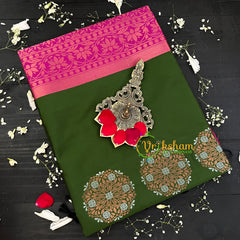 Dark Olive Green with Pink Soft Silk Saree-VS51