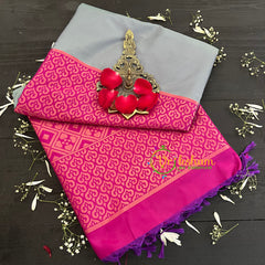 Ash Grey With Pink Pallu Soft Silk Saree-VS43