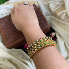 Thin Silk Thread Kundan Bangle-Green-Squares and Dots-G4949