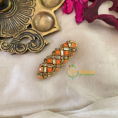 Silk Thread Kundan Saree Pin -Orange White -Dots and Lines-G9243
