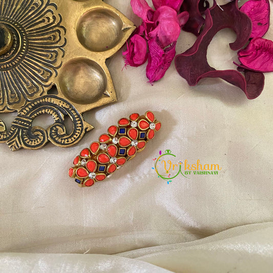 Silk Thread Kundan Saree Pin -Orange Floral-G9381