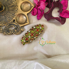 Silk Thread Kundan Saree Pin -Light Green Red Floral-G9424