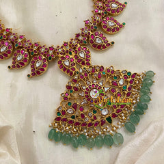 Exquisite Jadau Kundan Maanga Neckpiece - Pastel Green Bead -J944