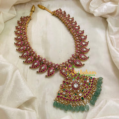 Exquisite Jadau Kundan Maanga Neckpiece - Pastel Green Bead -J944
