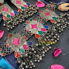 Statement Silver Neckpiece -Afghani Glass Choker-S363