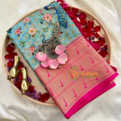 Sea Blue Green Kalamkari Saree -Semi Soft Silk Saree -VS872