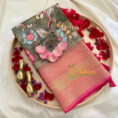 Olive Green Grey Kalamkari Saree-Semi Soft Silk Saree -VS878