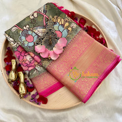 Olive Green Grey Kalamkari Saree-Semi Soft Silk Saree -VS878