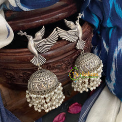 Oxidized German Silver Jhumkas-Peace Dove -S399