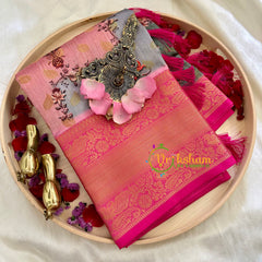 Grey and Pink Kalamkari Saree -Semi Soft Silk Saree -VS879
