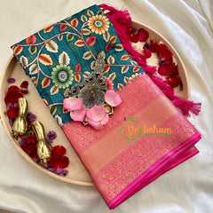 Teal Blue Kalamkari Saree -Semi Soft Silk Saree-VS888