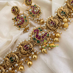 Premium Antique Peacock High Neck Choker-Gold Bead Pearl-G7259