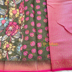 Olive Green Grey Kalamkari Saree-Semi Soft Silk Saree -VS878