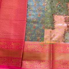 Grey and Pink Kalamkari Saree -Semi Soft Silk Saree -VS879