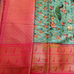 Sea Blue Green Kalamkari Saree -Semi Soft Silk Saree -VS872