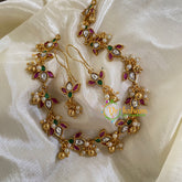 Premium AD Stone Lotus Short Neckpiece-Red Green White-G5953