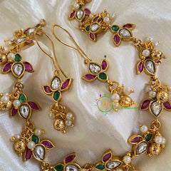 Premium AD Stone Lotus Short Neckpiece-Red Green White-G5953