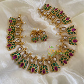 Premium AD Stone Lotus Short Neckpiece-Green Red-G5954