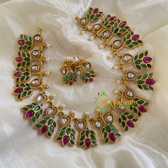 Premium AD Stone Lotus Short Neckpiece-Green Red-G5954