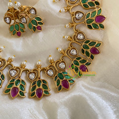 Premium AD Stone Lotus Short Neckpiece-Green Red-G5954