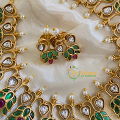 Premium AD Stone Lotus Short Neckpiece-Green Red-G5954