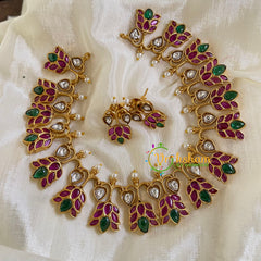Premium AD Stone Lotus Short Neckpiece-Red Green-G5957
