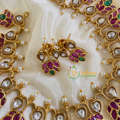 Premium AD Stone Lotus Short Neckpiece-Red Green-G5957