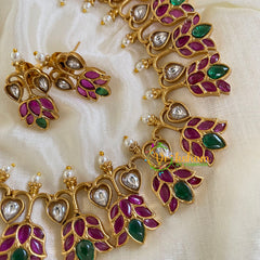 Premium AD Stone Lotus Short Neckpiece-Red Green-G5957