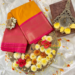Mango Yellow Kanchi Silk Saree with Pink Border-VS87