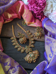 AD Stone Traditional Maanga Neckpiece with Pendant -Green red -G1457