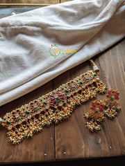 Guttapusalu Choker -Gold Look Alike Kemp and Kundan Choker-Red White -G1550