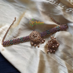 Premium Kemp Lakshmi High Neck Choker -Temple Choker -Red Green -G1536