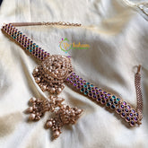 Premium Kemp Lakshmi High Neck Choker -Temple Choker -Red Green -G1536