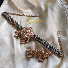 Premium Kemp Lakshmi High Neck Choker -Temple Choker -Green -G1537