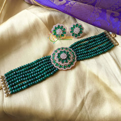 Rose Gold Tone Stone -Beaded High Neck Choker -Green -G1557