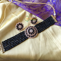 Rose Gold Tone Stone -Beaded High Neck Choker -Black -G1558