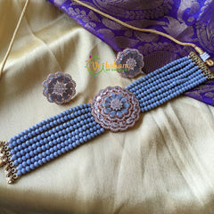 Rose Gold Tone Stone -Beaded High Neck Choker -Grey -G1559