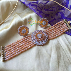 Rose Gold Tone Stone -Beaded High Neck Choker -Light Brown -G1561