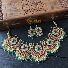 AD Stone Chandbali High Neck Choker -Green Beads -G1579