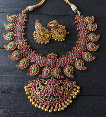 Precious Kemp Maanga Neckpiece with Pendant -Red Green -