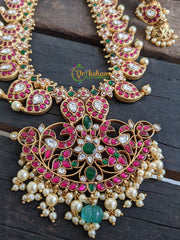 Precious Jadau Kundan Maanga Malai haram Pearl - Red-Green -J039