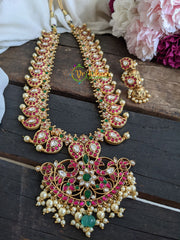 Precious Jadau Kundan Maanga Malai haram Pearl - Red-Green -J039