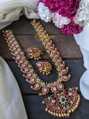 Precious Jadau Kundan Maanga Malai haram MATT FINISH – Red-Green -J040