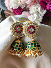 Precious Jadau Kundan Jhumkas -Pink Green -J082