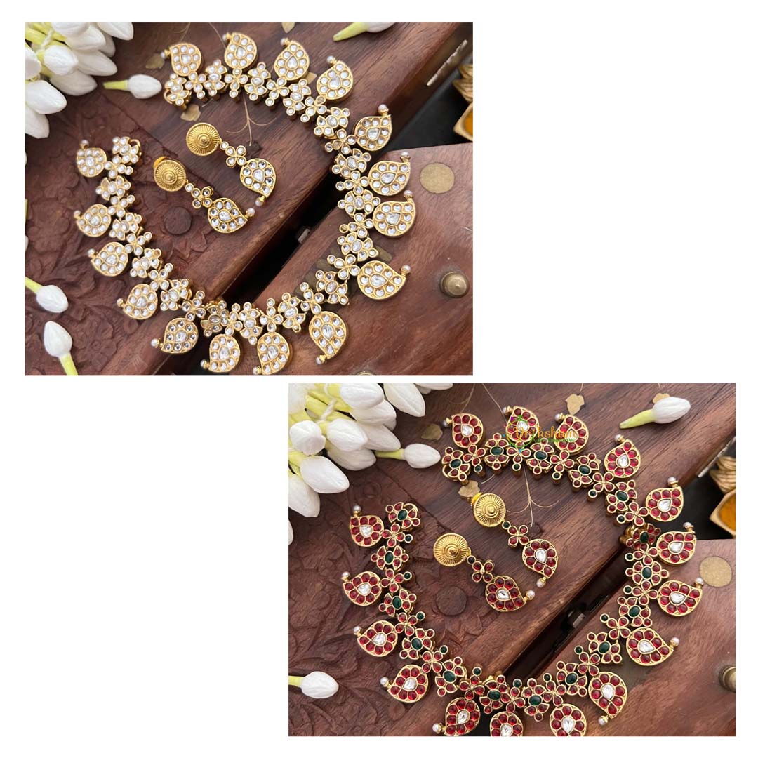 Vriksham Elegant Manga Reversible Kundan Jadau Short Neckpiece-Red Green & White-Green Bead-J4118